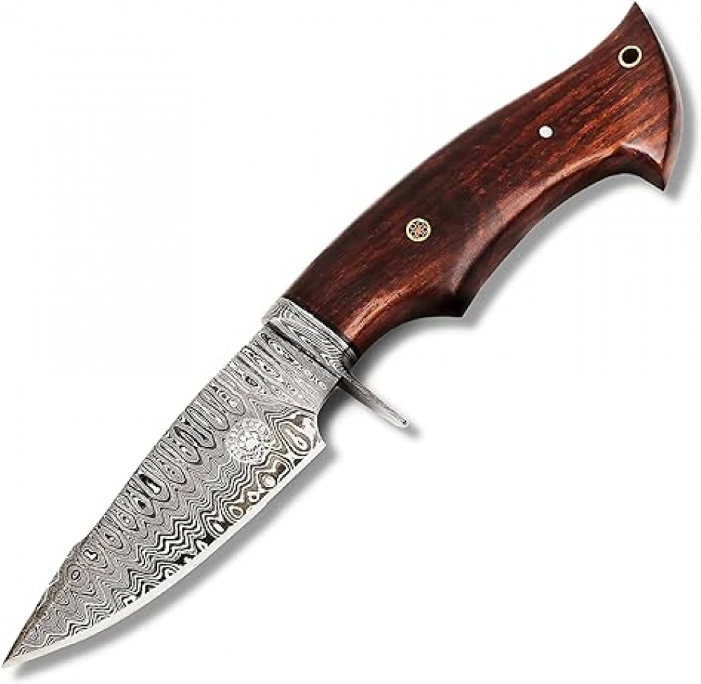 Damascus Knife - Premium Quality Hunting and Camping Tool with Walnut Wood Handle and Leather Sheath