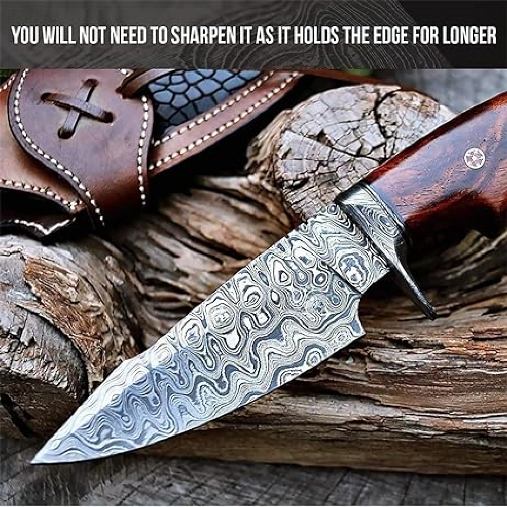 Damascus Knife - Premium Quality Hunting and Camping Tool with Walnut Wood Handle and Leather Sheath