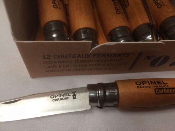 Opinel 7VRN Box of 12 Locking knife With a Carbon Steel Blade Beech Handle.