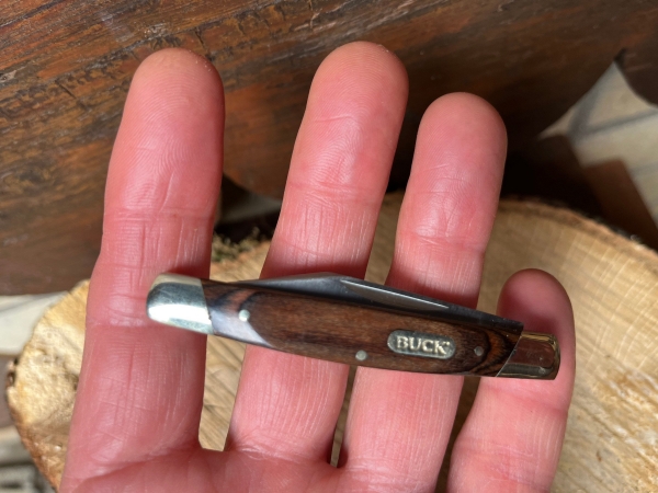 Buck Solo small easy opening occasional use pocket knife in wood grain & silver