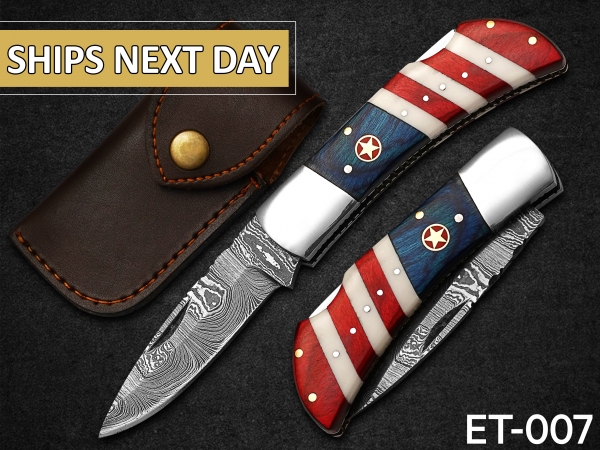 Custom Pocket Knife Handmade Damascus Folding Knives USA Texas Flag Handle with leather sheath,