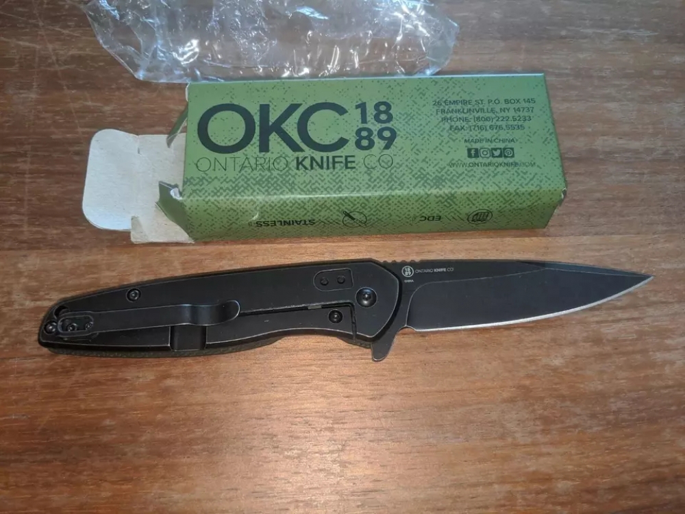 Ontario Knife Company Shikra Framelock Flipper Folding Knife 3.2\" Black Stonewash Plain Blade, Green Micarta and Titanium Handles, Frame Lock - 8599GR