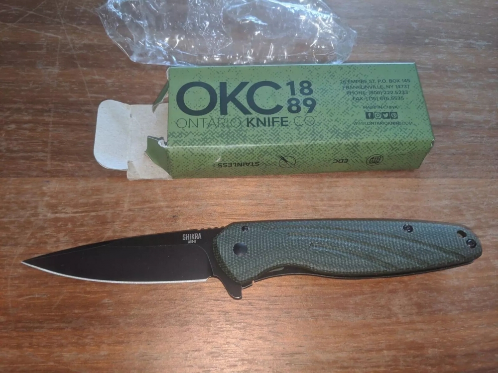 Ontario Knife Company Shikra Framelock Flipper Folding Knife 3.2\" Black Stonewash Plain Blade, Green Micarta and Titanium Handles, Frame Lock - 8599GR