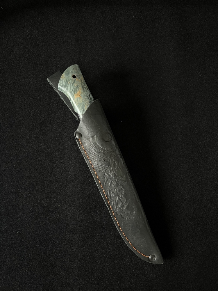 Handmade AUS-8 Fixed Blade Knife “Taiga” – Acrylic & Maple Burl Handle, Corian Inserts, Leather Sheath | Outdoor / Bushcraft / Collectible