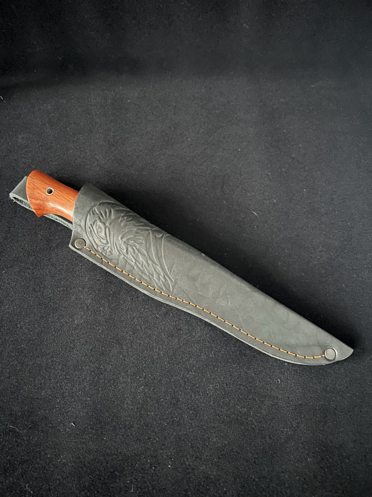 Handmade AUS-10 Fixed Blade Knife “Eagle” – Padauk Handle, White Corian Spacer, Dural Bolster, Leather Sheath