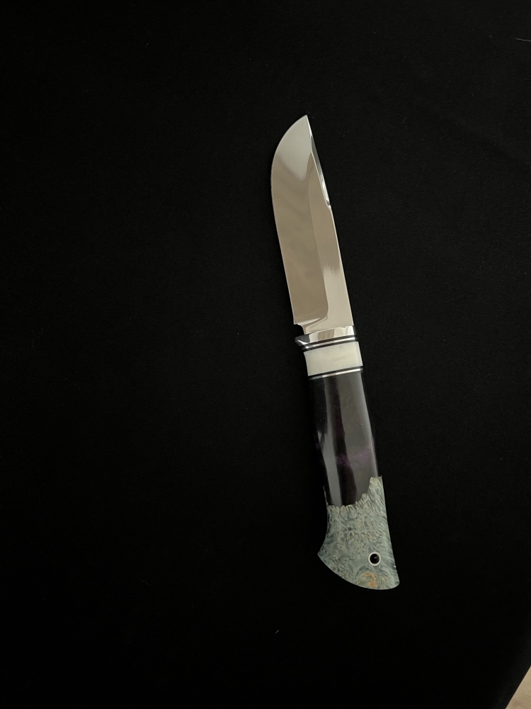 Handmade AUS-8 Fixed Blade Knife “Taiga” – Acrylic & Maple Burl Handle, Corian Inserts, Leather Sheath | Outdoor / Bushcraft / Collectible