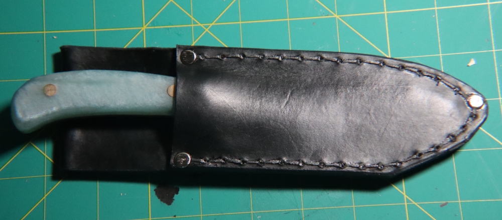 1095 Clip Point Hunter + Welted Leather Sheath — Metallic Blue Epoxy Scales