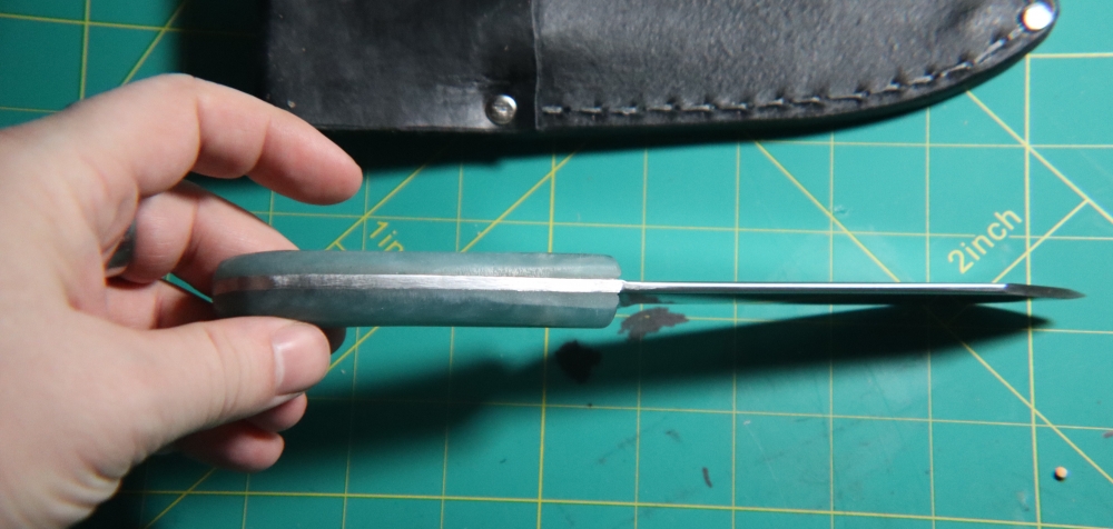 1095 Clip Point Hunter + Welted Leather Sheath — Metallic Blue Epoxy Scales