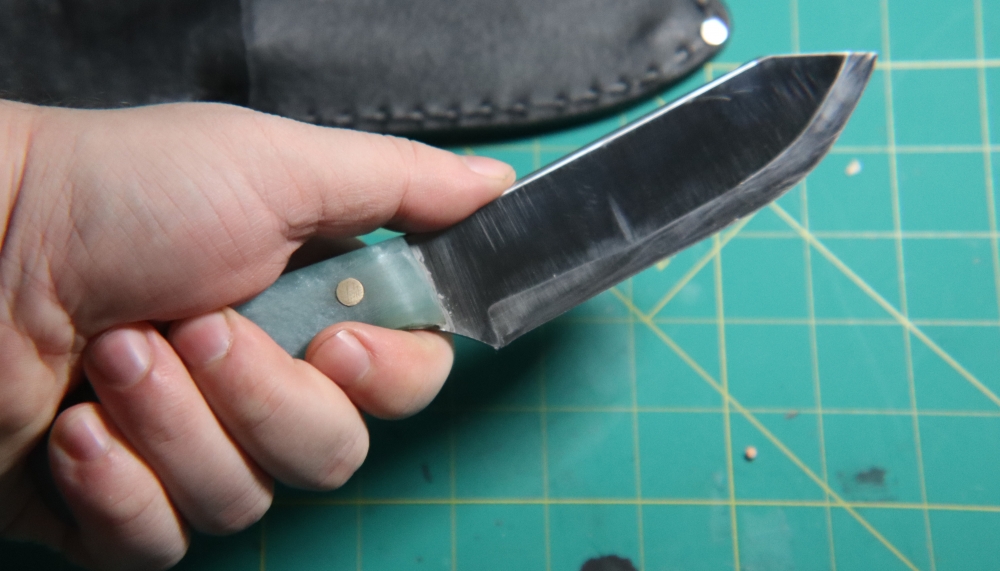 1095 Clip Point Hunter + Welted Leather Sheath — Metallic Blue Epoxy Scales