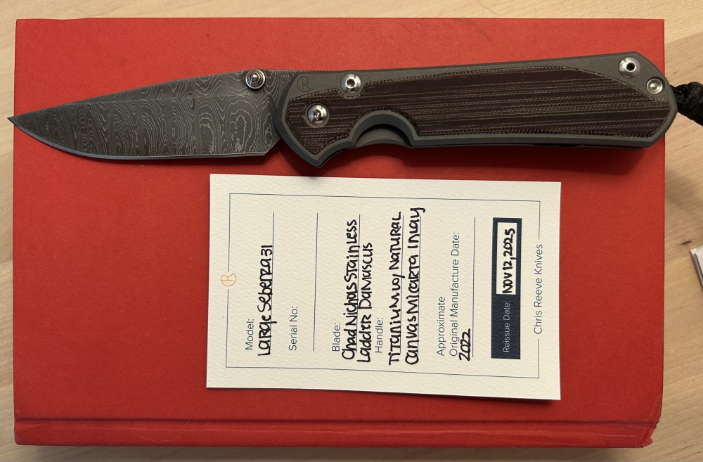 Chris Reeve Sebenza 31 Large – Chad Nichols Stainless Steel Ladder Damascus – Canvas Micarta Inlays – CRK Serviced