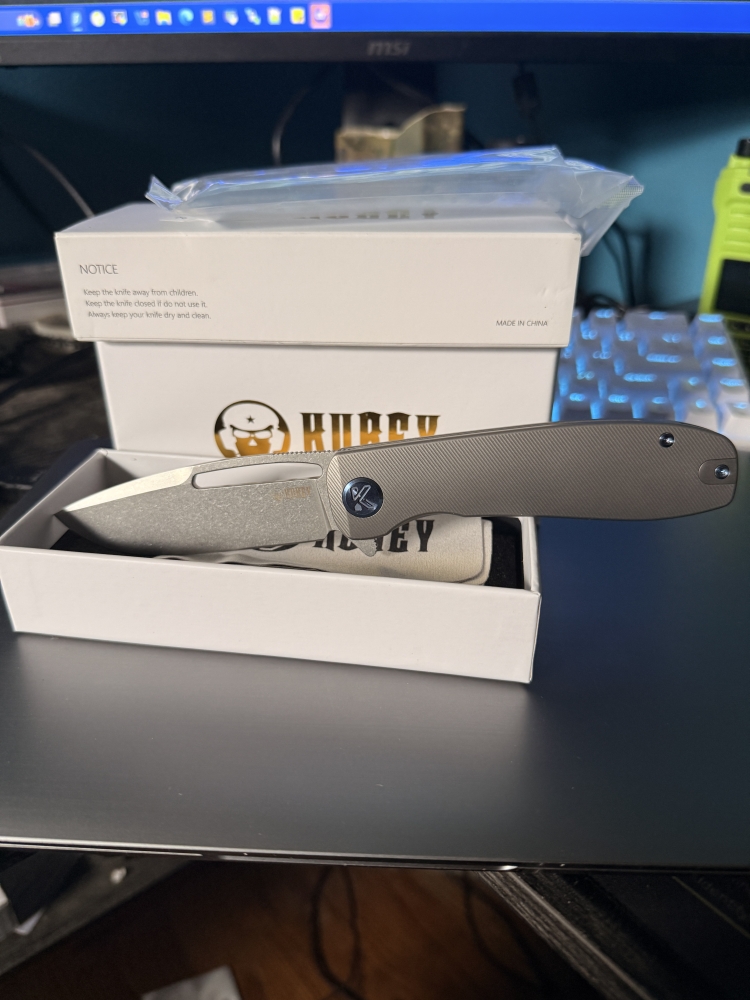 Kubey Supercell Pocket Knife Darkblast Titanium Handle 3.46\" Darkblast 14C28N Blade KU353C