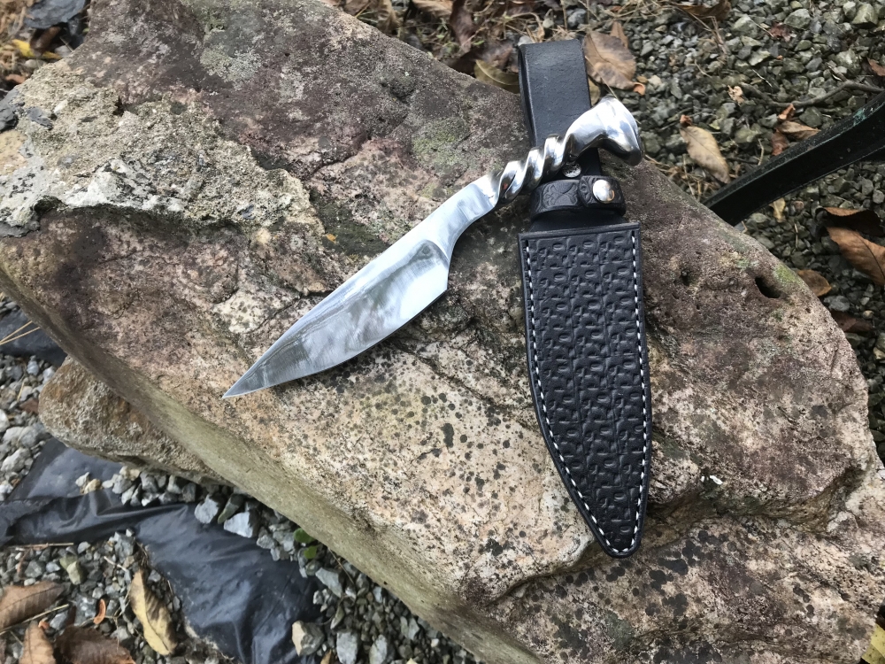 Hand Forged Railroad Spike Knife With Handmade Black Leather Sheath