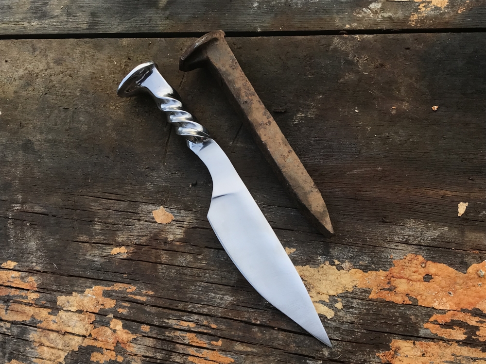 Hand Forged Railroad Spike Knife With Handmade Black Leather Sheath