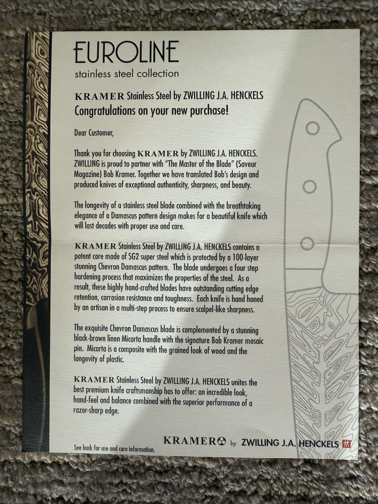 10in Bob Kramer/EUROLINE Stainless Damascus Chef's Knife