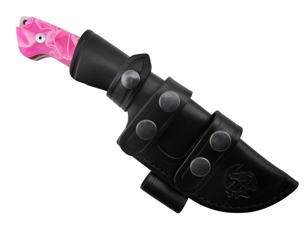 BRAND NEW J&V Adventure Knives Axarquia Satin Finish with Pink Methacrylate Handle and Black Leather Sheath 
