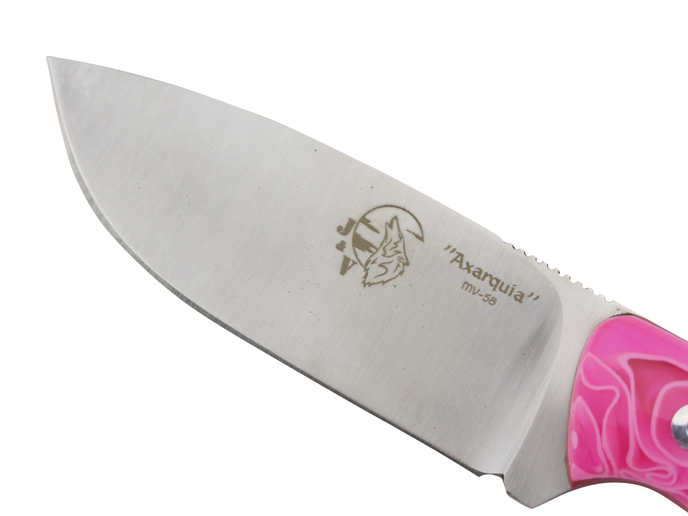 BRAND NEW J&V Adventure Knives Axarquia Satin Finish with Pink Methacrylate Handle and Black Leather Sheath 