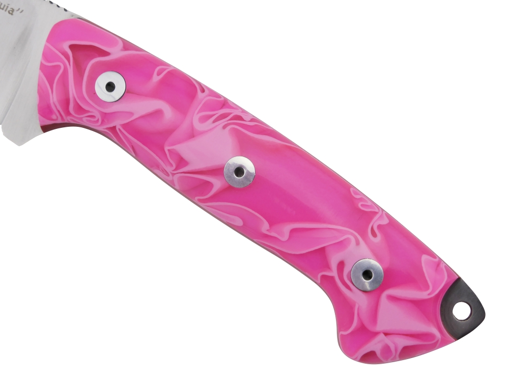 BRAND NEW J&V Adventure Knives Axarquia Satin Finish with Pink Methacrylate Handle and Black Leather Sheath 