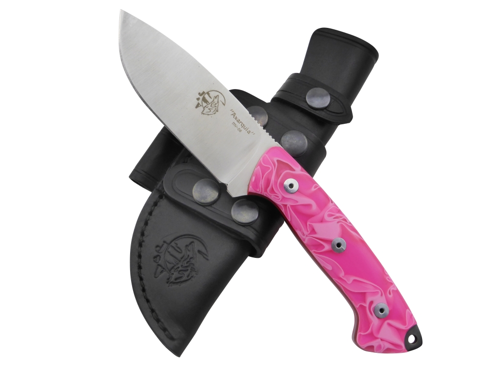 BRAND NEW J&V Adventure Knives Axarquia Satin Finish with Pink Methacrylate Handle and Black Leather Sheath 