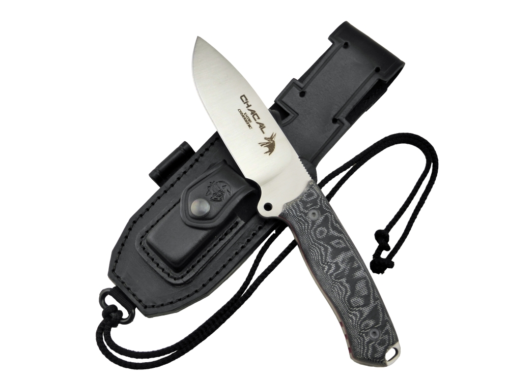 BRAND NEW J&V Adventure Knives Chacal Satin Finish with Black Micarta Handle and Black Leather Sheath