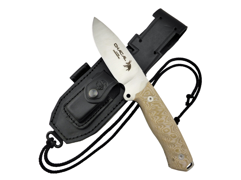 BRAND NEW J&V Adventure Knives Chacal Satin Finish with Brown Micarta Handle and Black Leather Sheath
