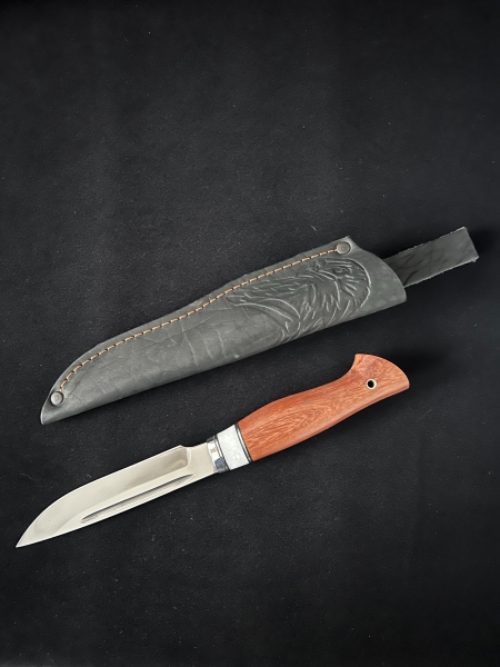 Handmade AUS-10 Fixed Blade Knife “Eagle” – Padauk Handle, White Corian Spacer, Dural Bolster, Leather Sheath