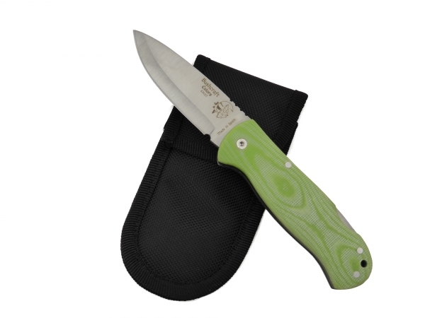 BRAND NEW J&V Adventure Knives Bushcraft Folder Satin Finish with Green Micarta Handle and Black Nylon Sheath