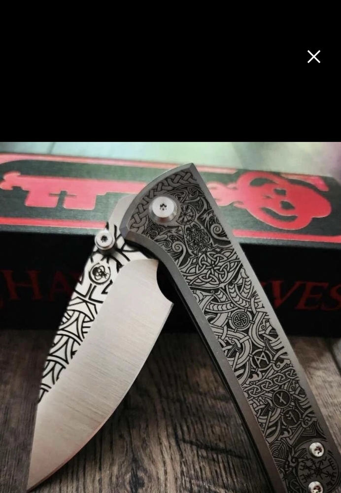 NEW! Chaves Scapegoat Relief DEEP Engraved with Viking/Runes Design - M390 Steel - EDC - Titanium scales - Extra Clip New In Box!