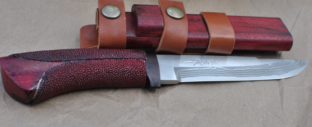 Takeshi Saji Takefu City Hunting Knife Wood Ray Skin Sheath Damascus Factory Mint Box