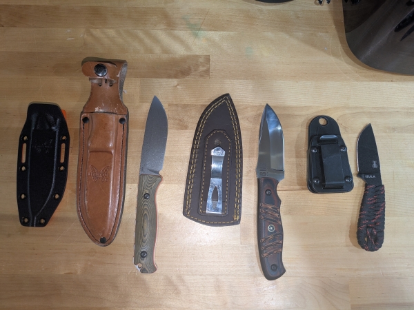 Bench made mountain Skinner, BNB Knifes Mamba hunter, ESEE IBS Izula Signature 
