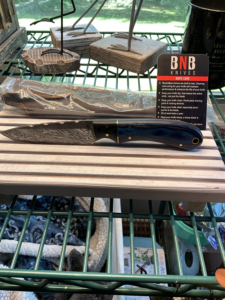 Beautiful Buck and Bear knife with blue burl maple handle for purchase! White Walker!