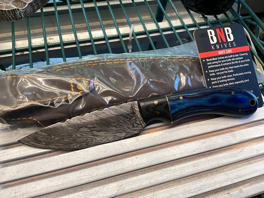 Beautiful Buck and Bear knife with blue burl maple handle for purchase! White Walker!