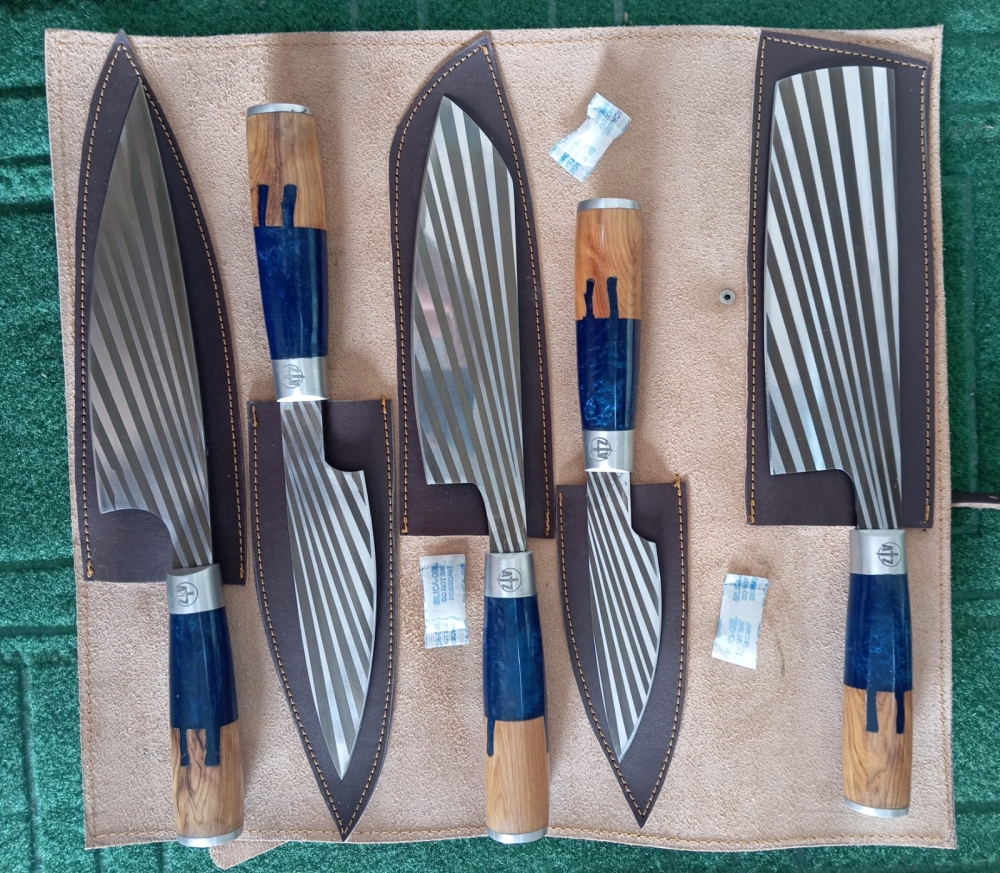 Precision, Beauty, and Craftsmanship, Pakka Wood Kitchen Knife Handcrafted Chef set 5 pc with laser etching crafting