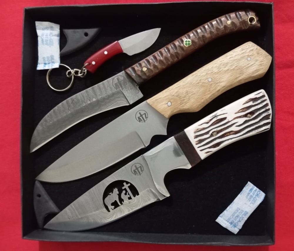 Totally handmade Special antique design 3pc Skinner knives 2pc gift keychains, Pakka wood & Vangi