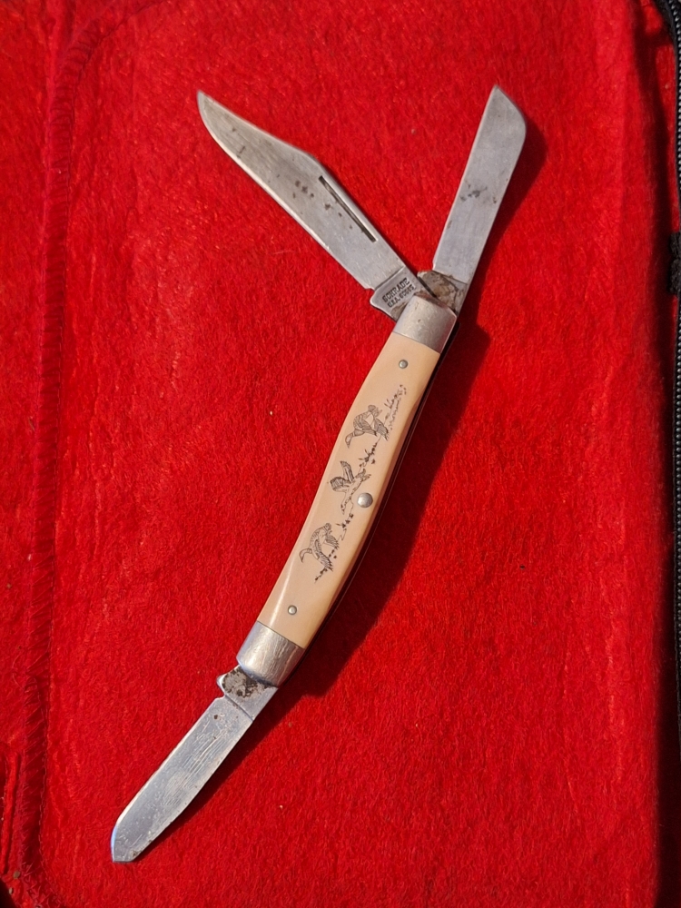 Vintage Schrade SC505 Scrimshaw Duck Scene Stockman Folding Pocket Knife 3 Blade overall length 8 1/2\"