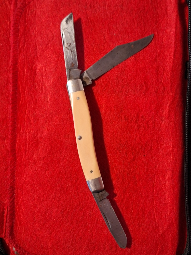 Vintage Schrade SC505 Scrimshaw Duck Scene Stockman Folding Pocket Knife 3 Blade overall length 8 1/2\"