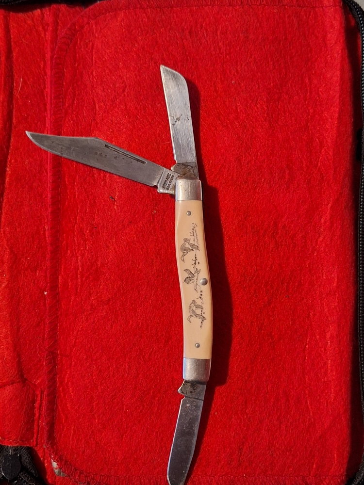 Vintage Schrade SC505 Scrimshaw Duck Scene Stockman Folding Pocket Knife 3 Blade overall length 8 1/2\"