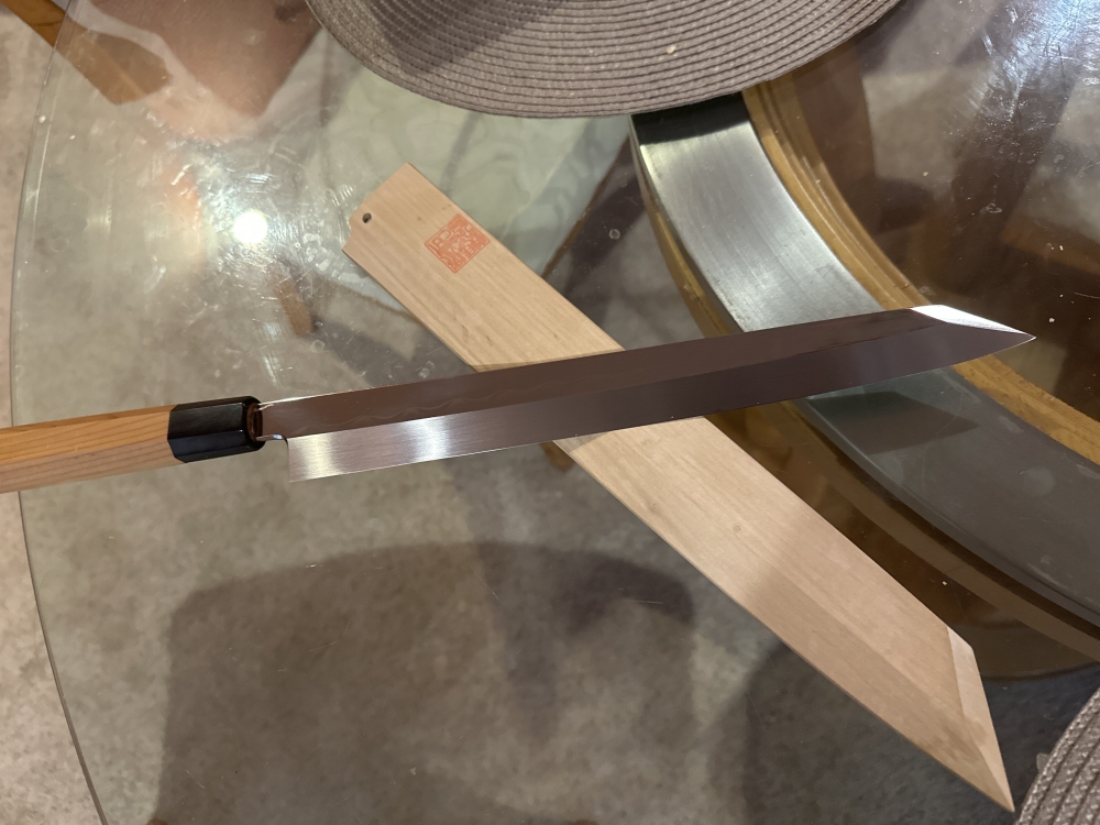 Yoshihiro White No.2 Honyaki Wave-Art AWHY Water-Quenched Japanese Chef's Kiritsuke-Yanagiba(Sashimi) 300mm with Saya Sheath and Yew Handle
