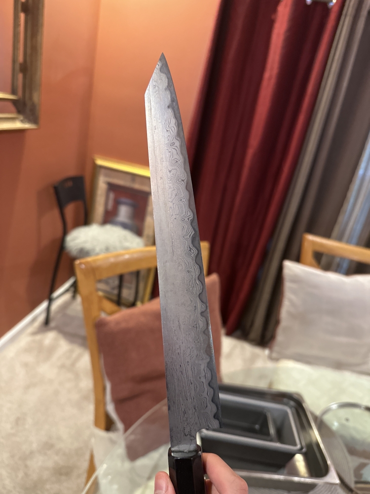 Satoshi Nakagawa Aogami #1 Damascus EBBFB2 Japanese Chef's Kiritsuke-Slicer(Sujihiki) 270mm with Double Buffalo Ringed Ebony Handle