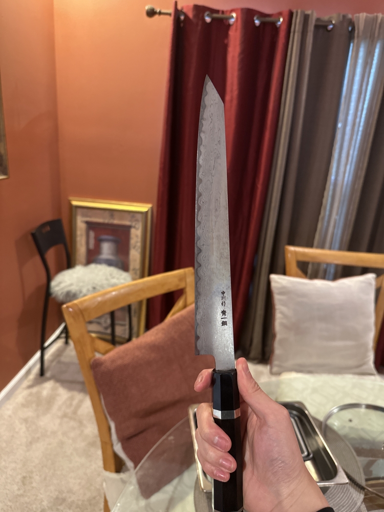 Satoshi Nakagawa Aogami #1 Damascus EBBFB2 Japanese Chef's Kiritsuke-Slicer(Sujihiki) 270mm with Double Buffalo Ringed Ebony Handle