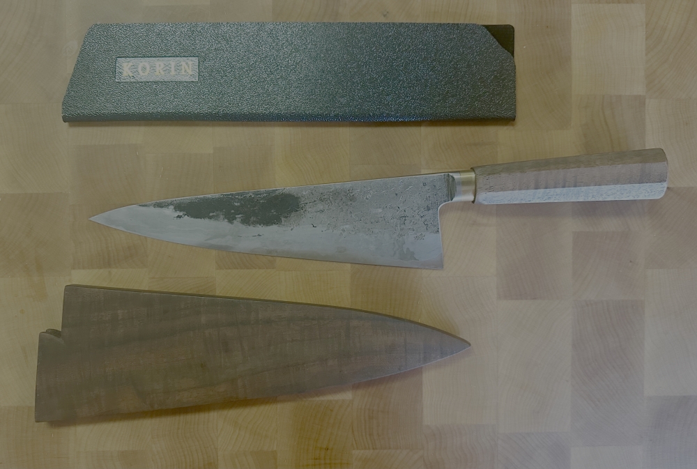 Radiona Wa Handle Gyuto Semi Integral Apex Ultra Wrought Cladding and Wooden Saya