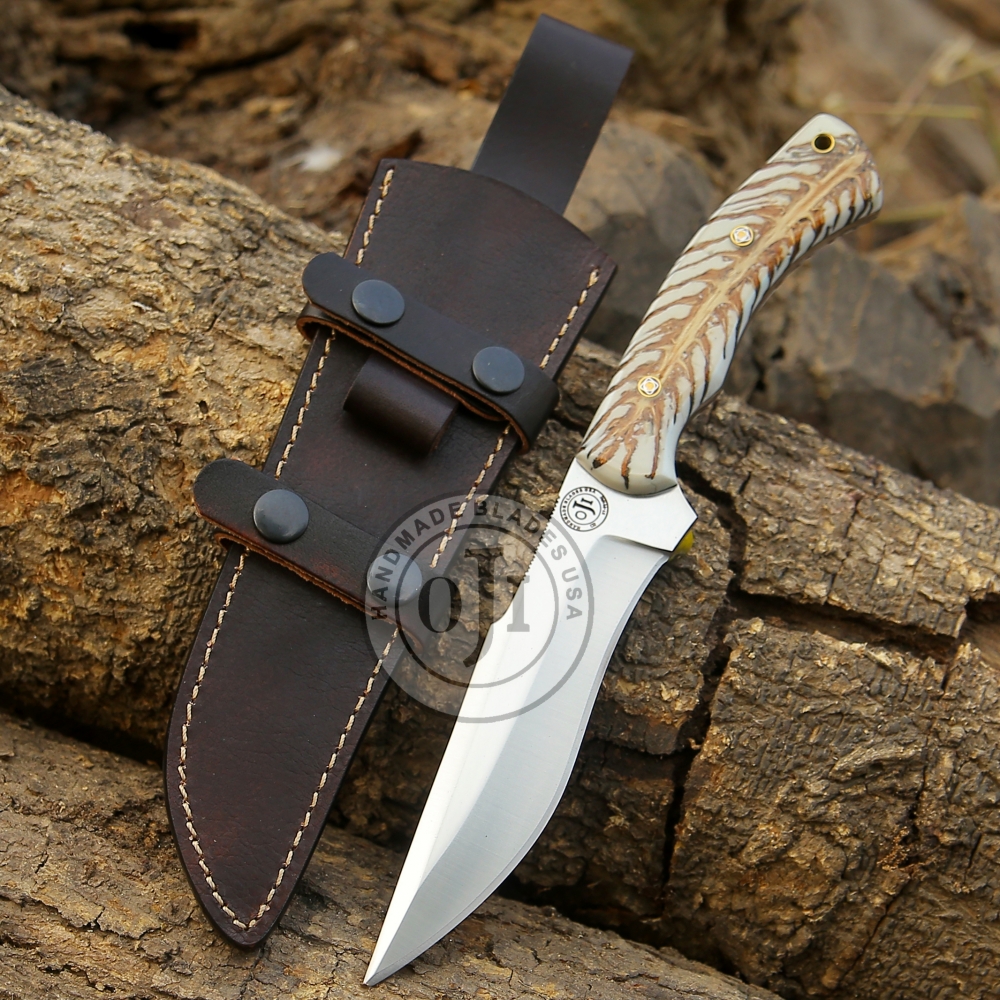 Handmade D 2 Tool Steel Hunting Knife W White Pine Cone Handle & Genuine Cowhide  Leather Sheath