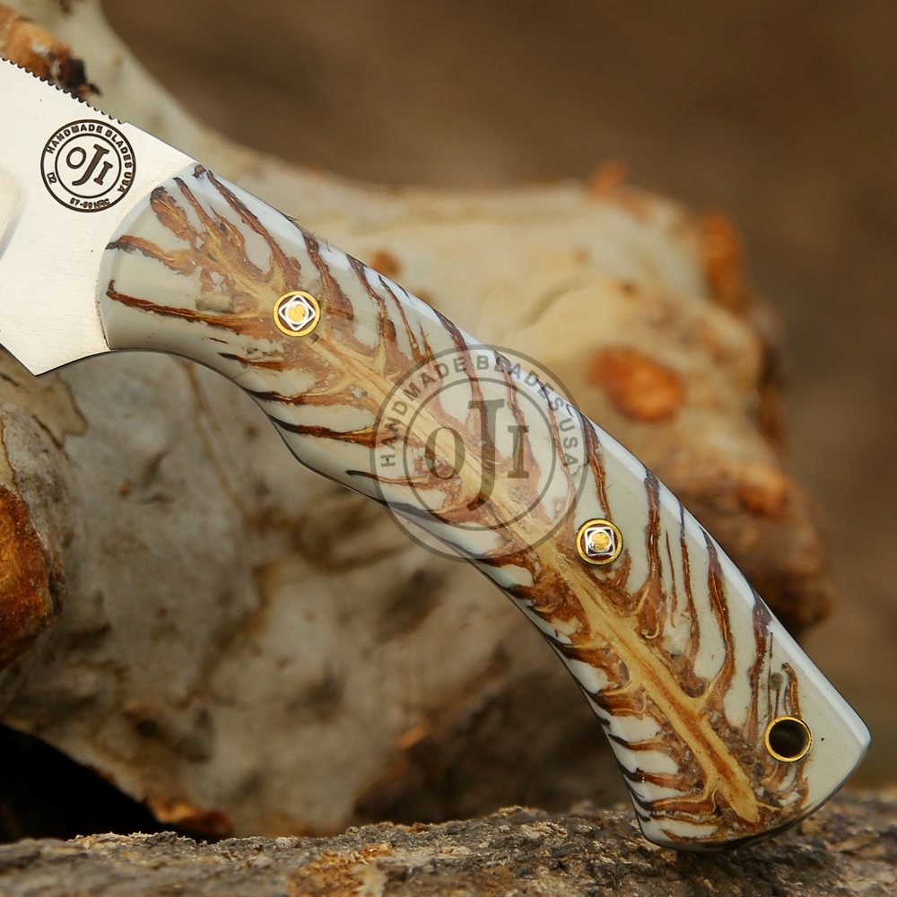 Handmade D 2 Tool Steel Hunting Knife W White Pine Cone Handle & Genuine Cowhide  Leather Sheath