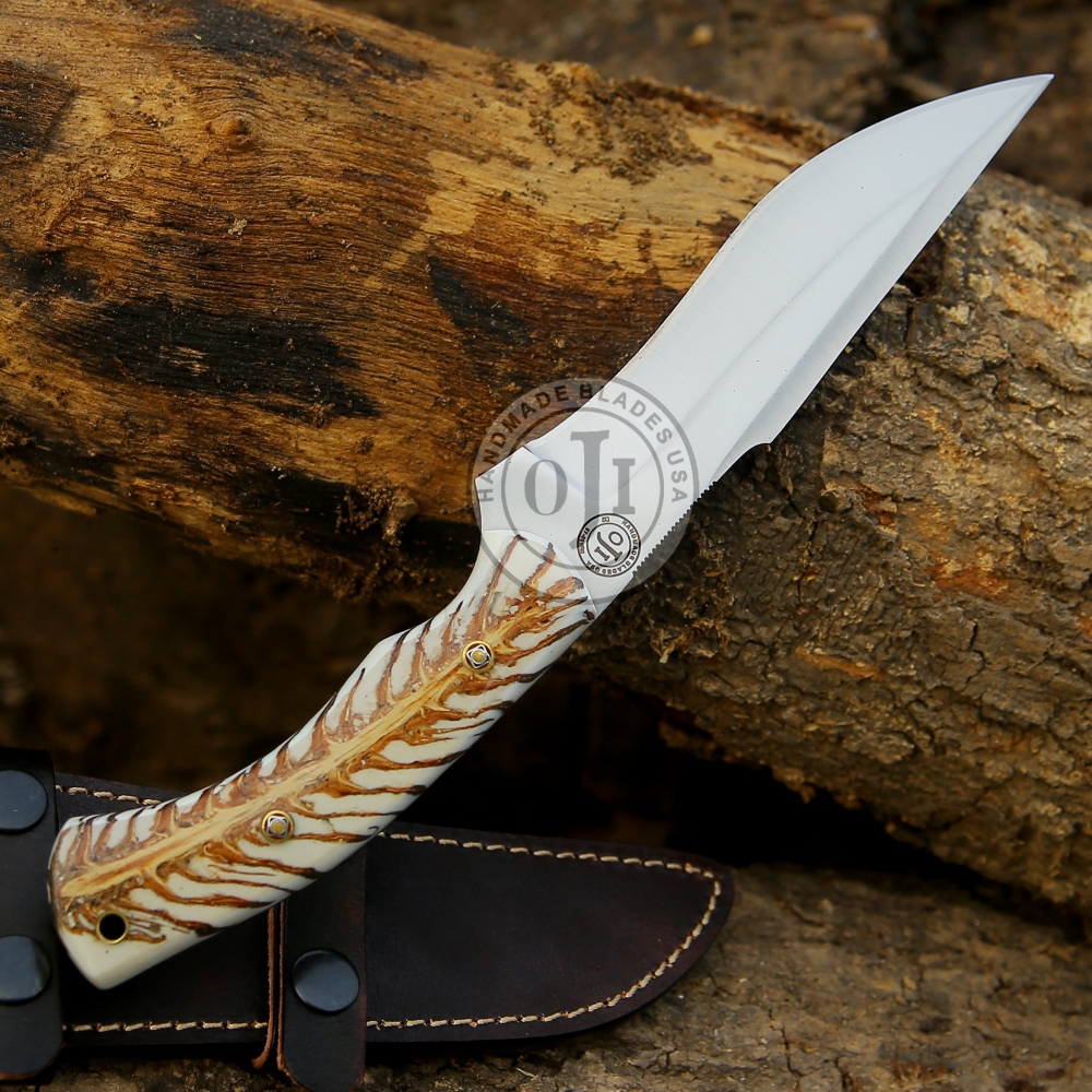 Handmade D 2 Tool Steel Hunting Knife W White Pine Cone Handle & Genuine Cowhide  Leather Sheath