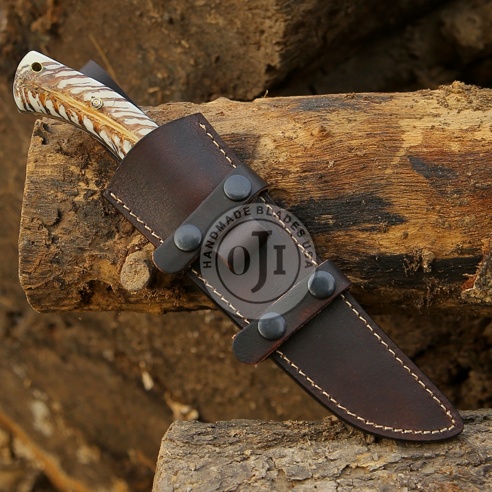 Handmade D 2 Tool Steel Hunting Knife W White Pine Cone Handle & Genuine Cowhide  Leather Sheath