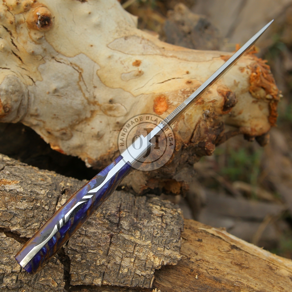 AUS 10 Steel Handmade Skinner W Steel Bolster Blue Pine Cone Handle & Genuine Cow Leather Sheath