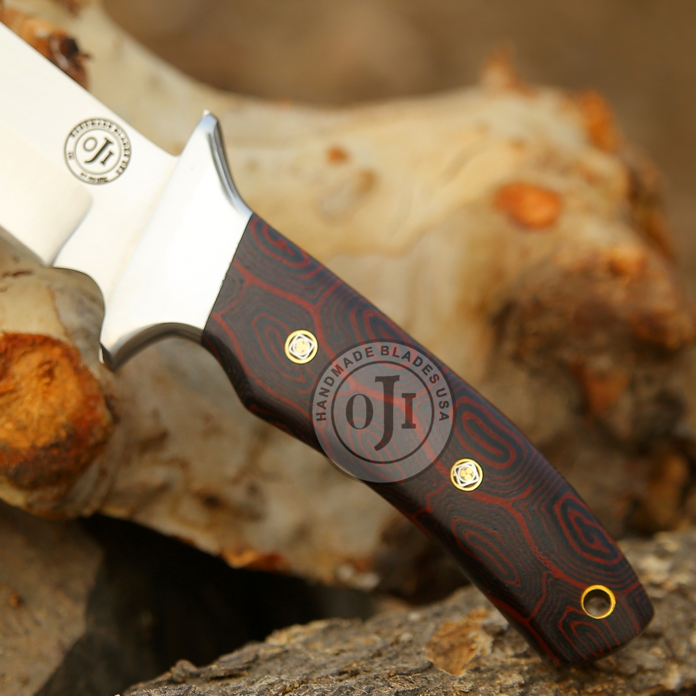 TANTO D2 Tool Steel Knife Steel Bolster Red Black Micarta Handle Genuine Cowhide Leather Sheath