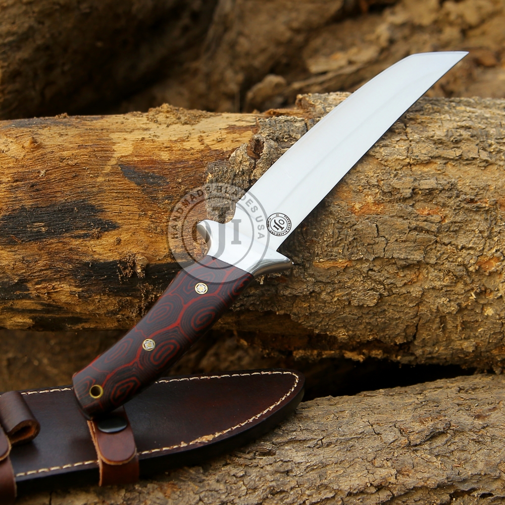 TANTO D2 Tool Steel Knife Steel Bolster Red Black Micarta Handle Genuine Cowhide Leather Sheath