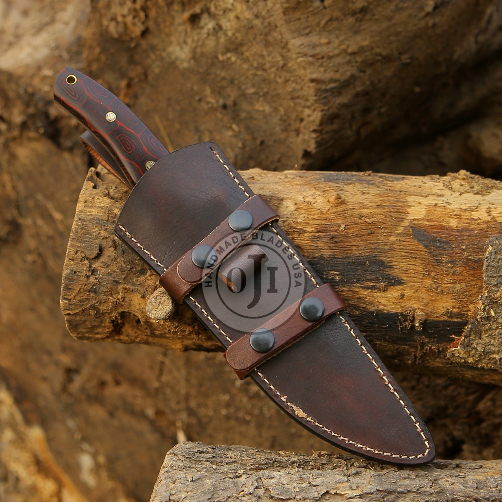 TANTO D2 Tool Steel Knife Steel Bolster Red Black Micarta Handle Genuine Cowhide Leather Sheath