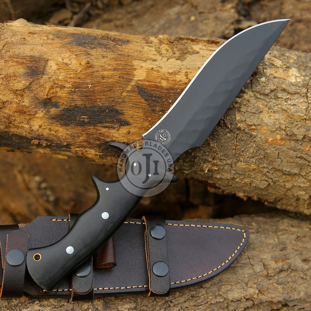 AUS 8 Steel BOWIE Sub Hilt Knife Black Blade & Black Micarta Handle Genuine Cowhide Leather Sheath