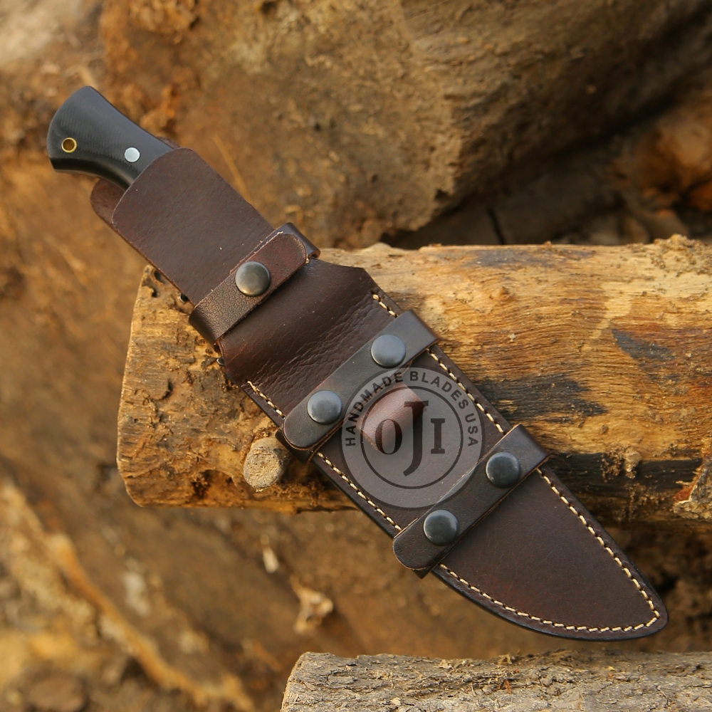 AUS 8 Steel BOWIE Sub Hilt Knife Black Blade & Black Micarta Handle Genuine Cowhide Leather Sheath